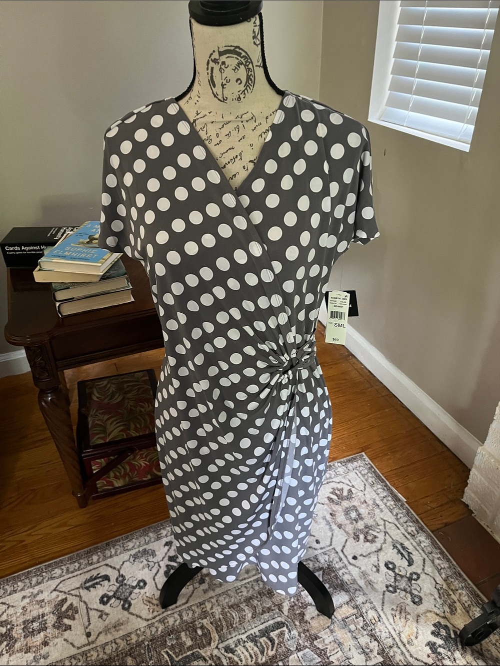 Robbie Bee Grey and White Polka Dot Wrap Dress